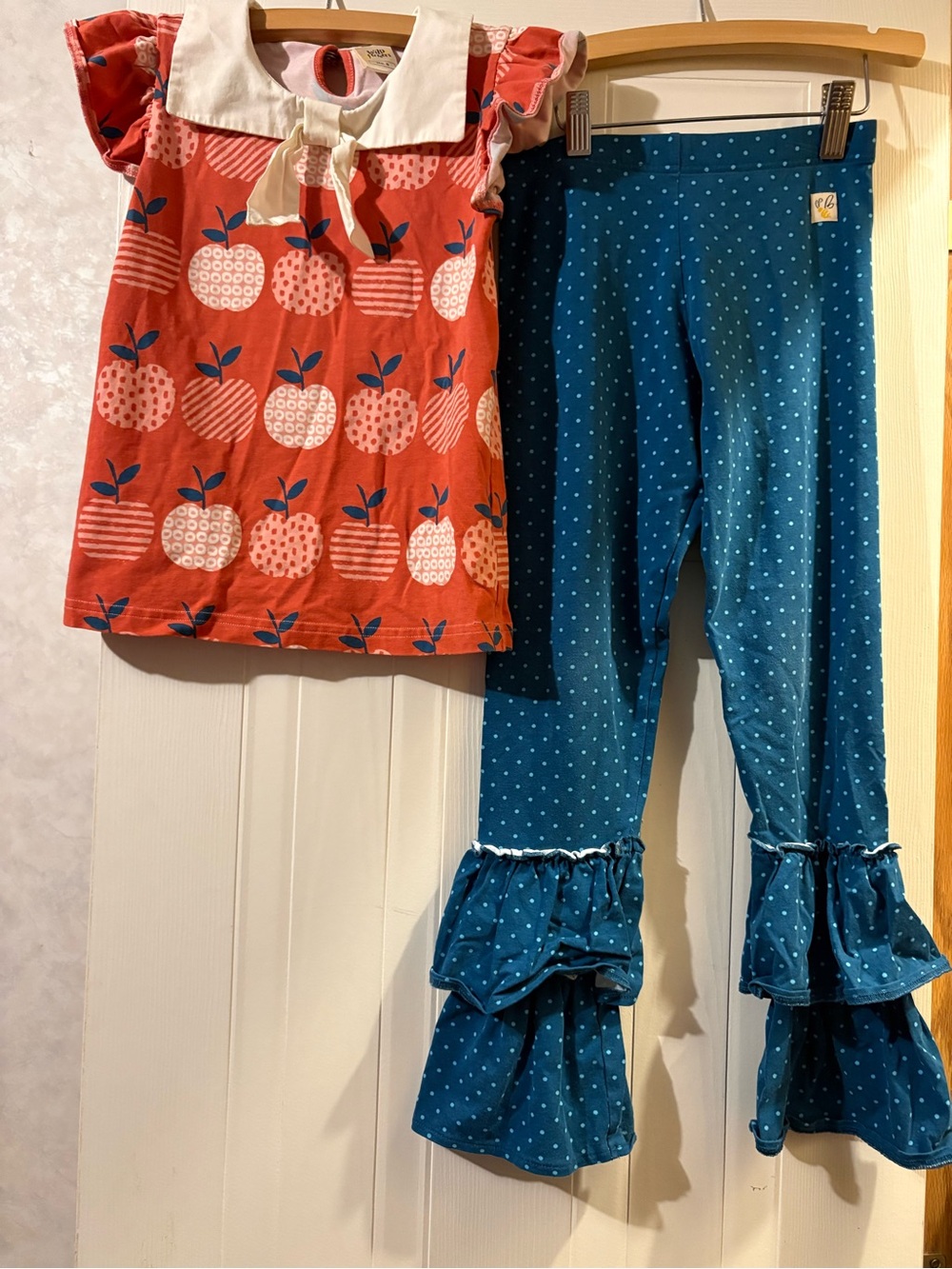 Wildflowers red Apple Print Top with blue Polka Dot Ruffle Leggings
